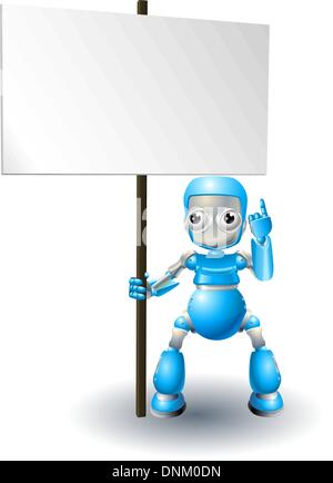 A cute blue robot character holding up a sign and pointing to it Stock Vector