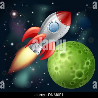 Illustration of a cartoon rocket spaceship with space background and planets and stars Stock Vector