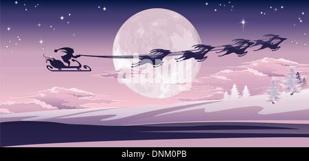 Silhouette of Santa and his reindeer flying through the air over winter scene. Stock Vector