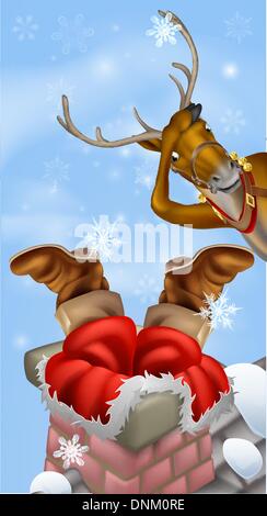 Humorous Christmas drawing of Santa Claus stuck in a chimney while his reindeer looks on in despair Stock Vector