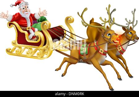 Illustration of Santa Claus in his Christmas sled being pulled by red nosed reindeer Stock Vector