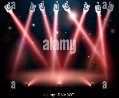 A red spotlight background concept with lots of lights like spotlights in a light show or during a dramatic theatre stage perfor Stock Vector