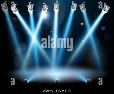 A blue spotlight background concept with lots of lights like spotlights in a light show or during a dramatic theatre stage perfo Stock Vector