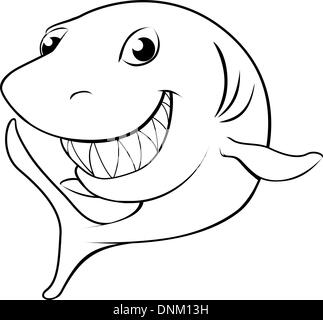 Black and white illustration of a happy cartoon shark Stock Vector