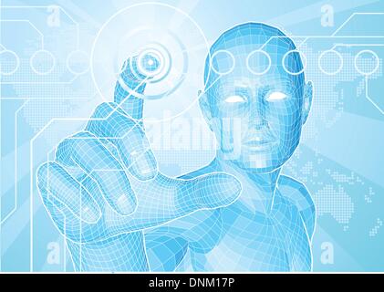 Corporate style background concept. Futuristic blue figure touching button with world map in background. Stock Vector