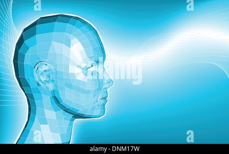 A futuristic blue business background featuring an avatars face made of polygons Stock Vector