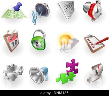 A set of silver steel or aluminium shiny glossy metal metallic internet application icon set series. Stock Vector