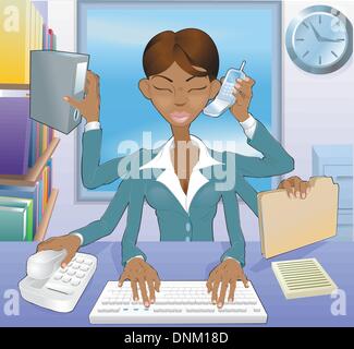 Illustration of multi-tasking black business woman in office environment Stock Vector