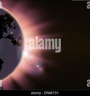 Illustration of the suns rays bursting over the world globe. Europe side visible Stock Vector