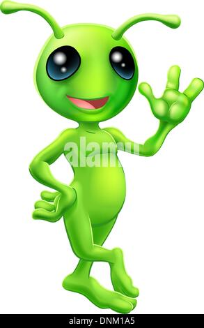 Illustration of a cute cartoon little green man alien mascot with antennae smiling and waving Stock Vector