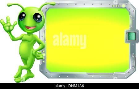 A cute green alien with a sign or screen with copyspace Stock Vector