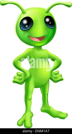 Cartoon green  happy friendly alien standing with his hands on his hips Stock Vector