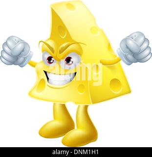 An illustration of a very angry looking cartoon cheese man character with hands in fists Stock Vector