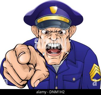 Illustration of a cartoon angry policeman cop or security guard shouting at the viewer Stock Vector