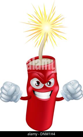 An illustration of mean or angry looking cartoon firecracker or firework character with a lit fuse Stock Vector