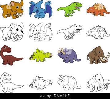 A set of cartoon prehistoric animal and dinosaur illustrations. Color and black an white outline versions. Stock Vector