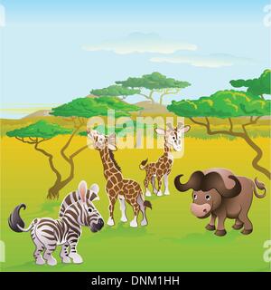 Cute African safari animal cartoon characters scene. Series of three illustrations that can be used separately or side by side t