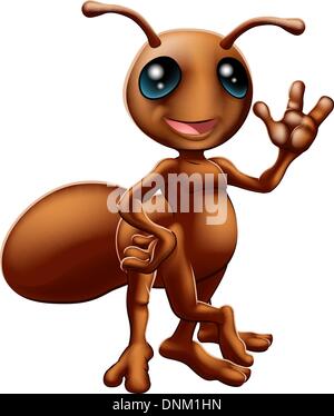 Illustration of a happy cute cartoon ant mascot waving Stock Vector