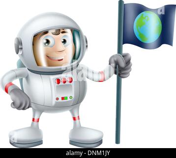 An illustration of a cute cartoon astronaut planting an earth flag Stock Vector