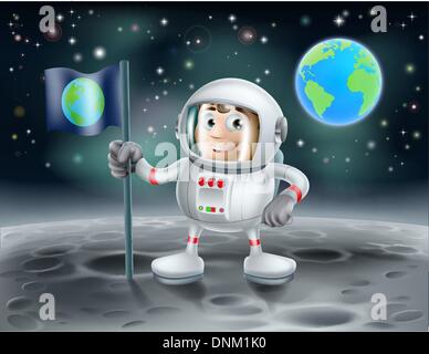 An illustration of a cute cartoon astronaut on the moon planting a flag with the planet earth in the background Stock Vector