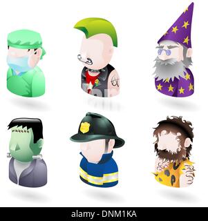 An avatar people web or internet icon set series. Includes a doctor or surgeon, a punk, a wizard or magician, Frankenstein monst Stock Vector