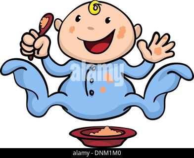 Clipart illustration of a happy cute baby weaning playing and eating his or her food Stock Vector