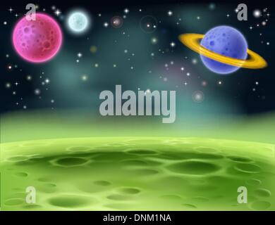 An illustration of an outer space cartoon background with colorful planets Stock Vector