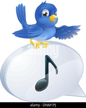 Illustration of a cute bluebird standing musical note speech bubble and singing or tweeting Stock Vector