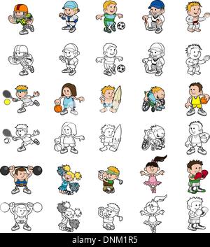 A set of cartoon people or children playing sports. Color and black and white outline versions. Stock Vector