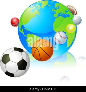 Sports globe world concept, a globe with different sports balls flying around it. Stock Vector