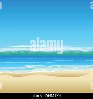 Tropical beach background illustration with land in distance and lots of copyspace. Stock Vector