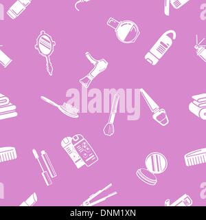 A repeating seamless cosmetics background tile texture with lots of drawings of different cosmetics and beauty products Stock Vector