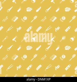 A repeating seamless cosmetics background tile texture with lots of drawings of different cosmetics and beauty products Stock Vector