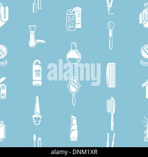 A repeating seamless cosmetics background tile texture with lots of drawings of different cosmetics and beauty products Stock Vector