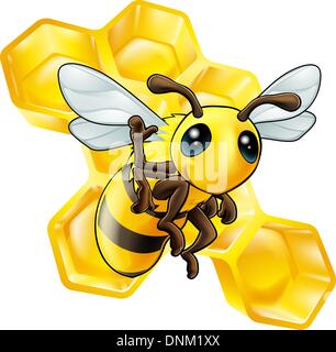 A cute cartoon waving bee with some honeycomb in the background Stock Vector