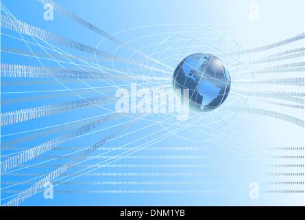 A dynamic 3d world map background with binary ones and zeros flowing round it. Stock Vector