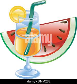 An orange summer beach cocktail and watermelon illustration icon Stock Vector