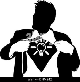 A businessman tearing open his shirt to reveal a light bulb/ idea icon Stock Vector