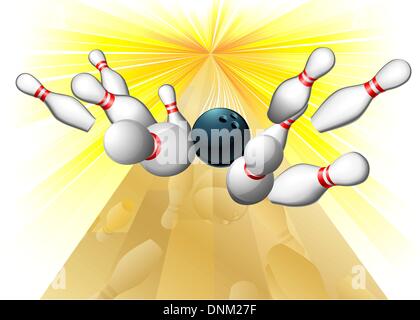 Illustration of a bowling ball smacking into ten pins scoring a strike Stock Vector
