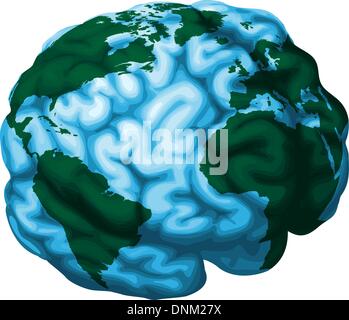 A conceptual illustration of a world globe in the shape of a human brain Stock Vector