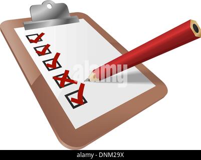 An illustration of a clipboard with pencil marking on it. Perhaps a survey, opinion poll, or inspection document Stock Vector