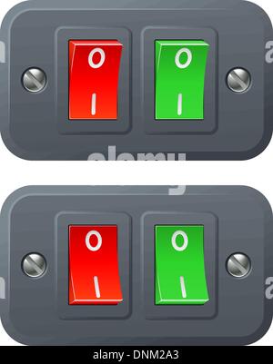 Illustration of red and green switches in on and off positions Stock Vector