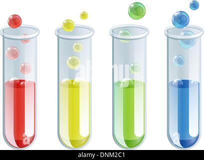 An illustration of four different coloured test tubes with bubbling liquid in them Stock Vector