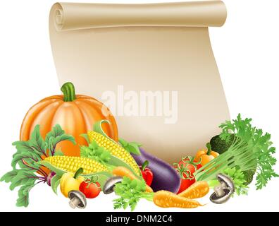 Illustration of thanksgiving; harvest festival or fresh produce scroll background of paper scroll surrounded by fresh vegetables Stock Vector