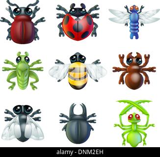 A series set of colourful insect bug icons, including ladybird mantis dragonfly bee ant grasshopper fly and other beetles Stock Vector