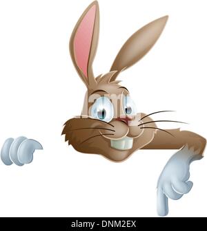 An illustration of a cute cartoon bunny rabbit peeking round from behind a sign and pointing down or showing what it says Stock Vector