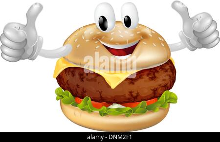 Illustration of a cute happy beef or cheese burger mascot man smiling and giving a thumbs up Stock Vector