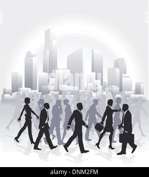 Groups of business people rushing in front of city skyline Stock Vector