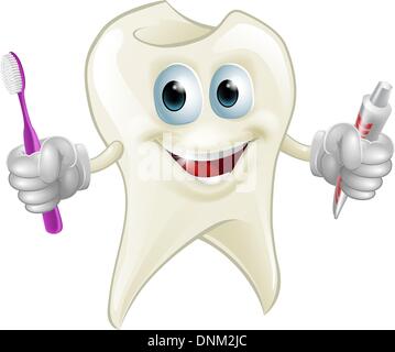 An illustration of a cartoon tooth man character mascot holding a toothbrush and tube of toothpaste Stock Vector
