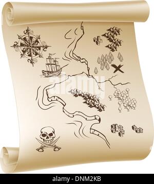 An illustration of a pirate treasure map drawn on a paper scroll Stock Vector